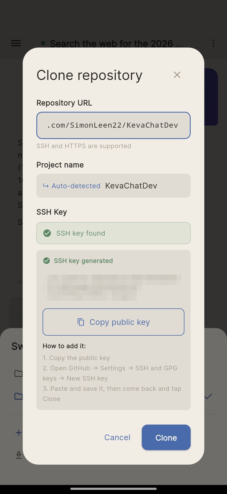 Keva cloning a GitHub repository over SSH on Android