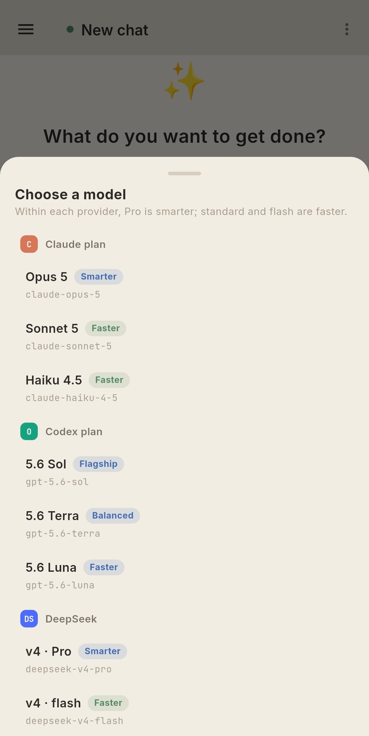 Keva on Android choosing between Claude Code, OpenAI Codex, DeepSeek, GLM, Kimi, Qwen and MiniMax