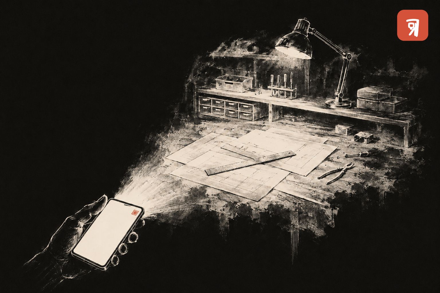 A hand holding a phone in a dark room; the light from its screen spills forward and becomes a full workbench of lamp, drafting sheets and tools.