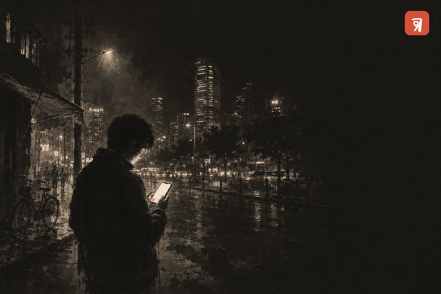A person standing alone on a city street at night, absorbed in the phone in their hands, its screen the brightest thing in the frame.