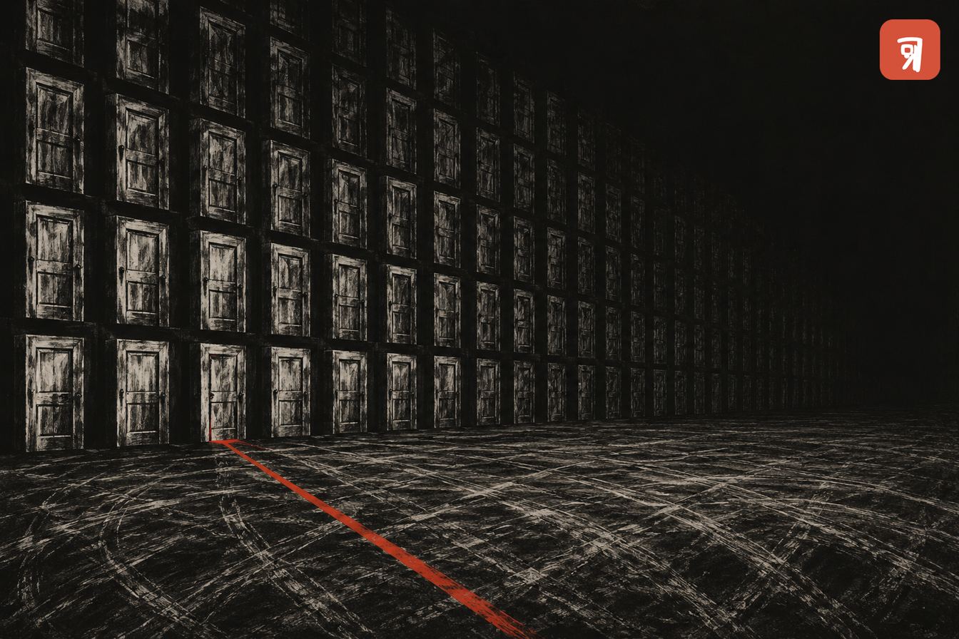 A vast wall of identical closed doors. A single blade of red light escapes from beneath one of them, and the floor carries the overlapping tracks of a long search.