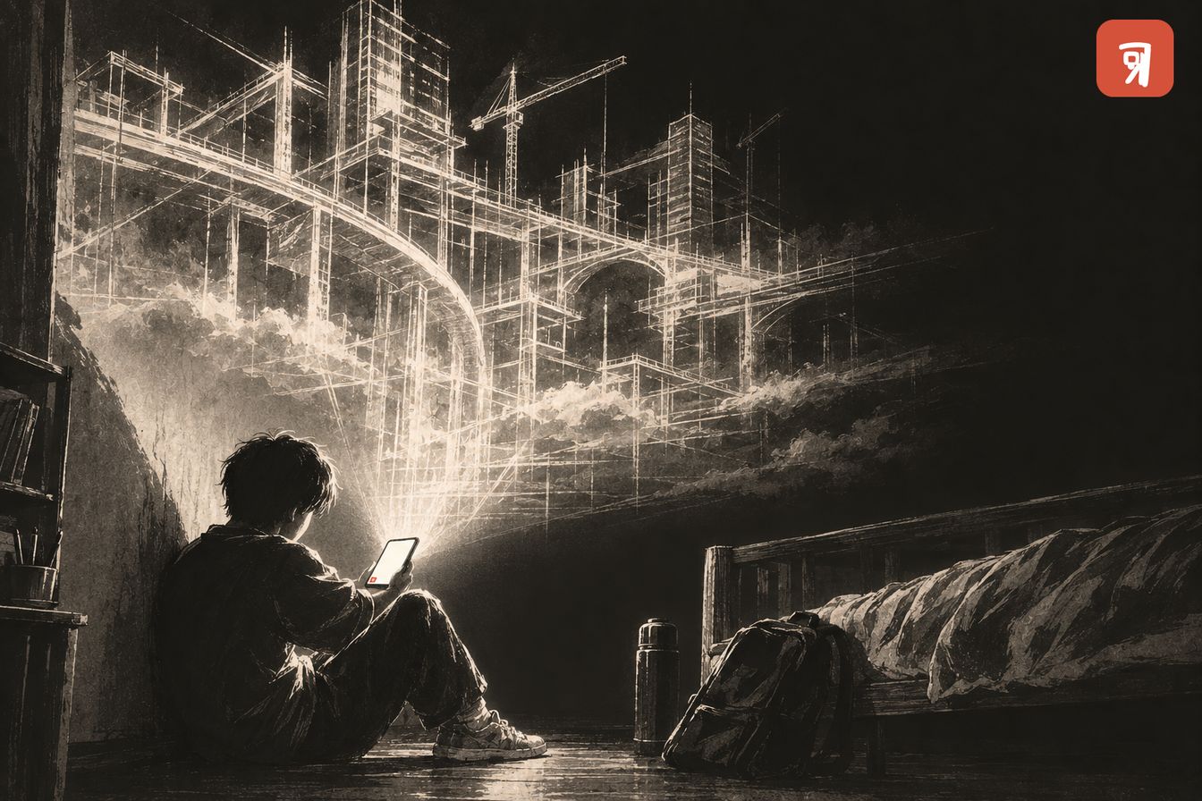 A young person sitting on the floor of a small bare room; the light from their phone rises and opens into the outline of an enormous, half-built city.